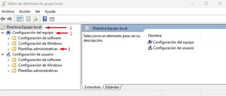 Navegación en el Editor de Directivas de Grupo