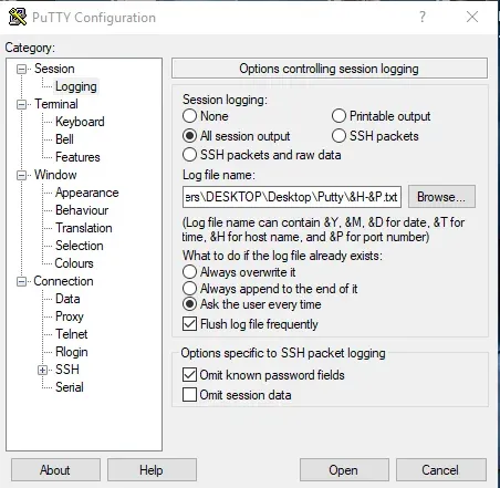 Logging Configuration in Putty