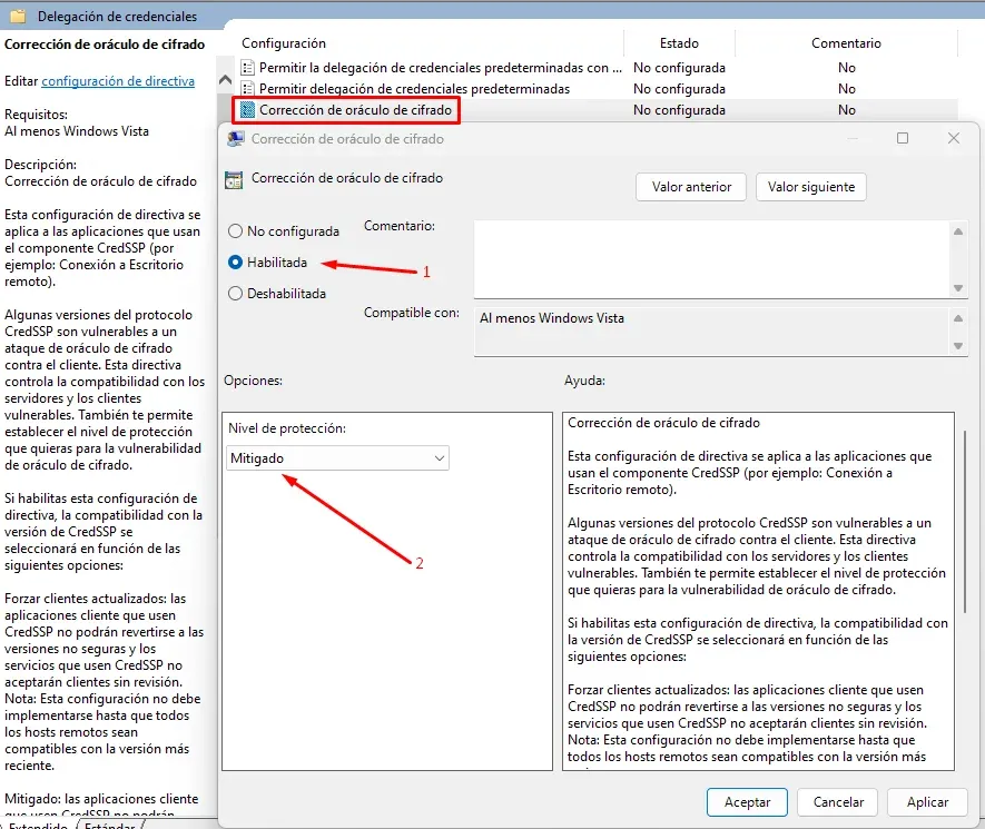 Configuración de la Corrección del Oráculo de Cifrado