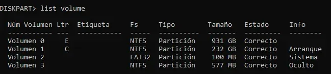 diskpart listing volumes with cli