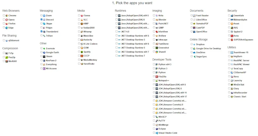 Categories of programs available with Ninite