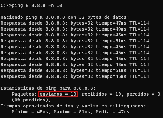 comando ping prueba de solo 10 paquetes