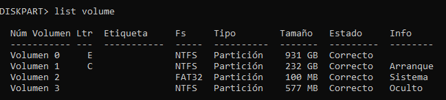 diskpart listando volumenes con cli