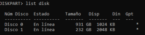 diskpart listando discos duros con cli