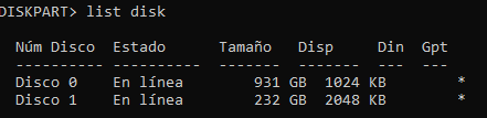 diskpart listando discos duros con cli