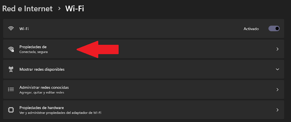 Propiedades de la red en windows 11