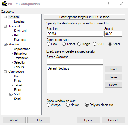 Conectar puerto serial en putty