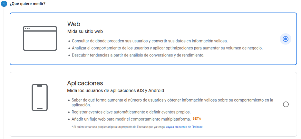 Google analytics Web o aplicaciones.