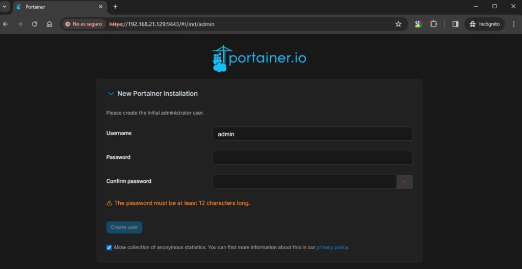 creación de usuario administrador en portainer con docker