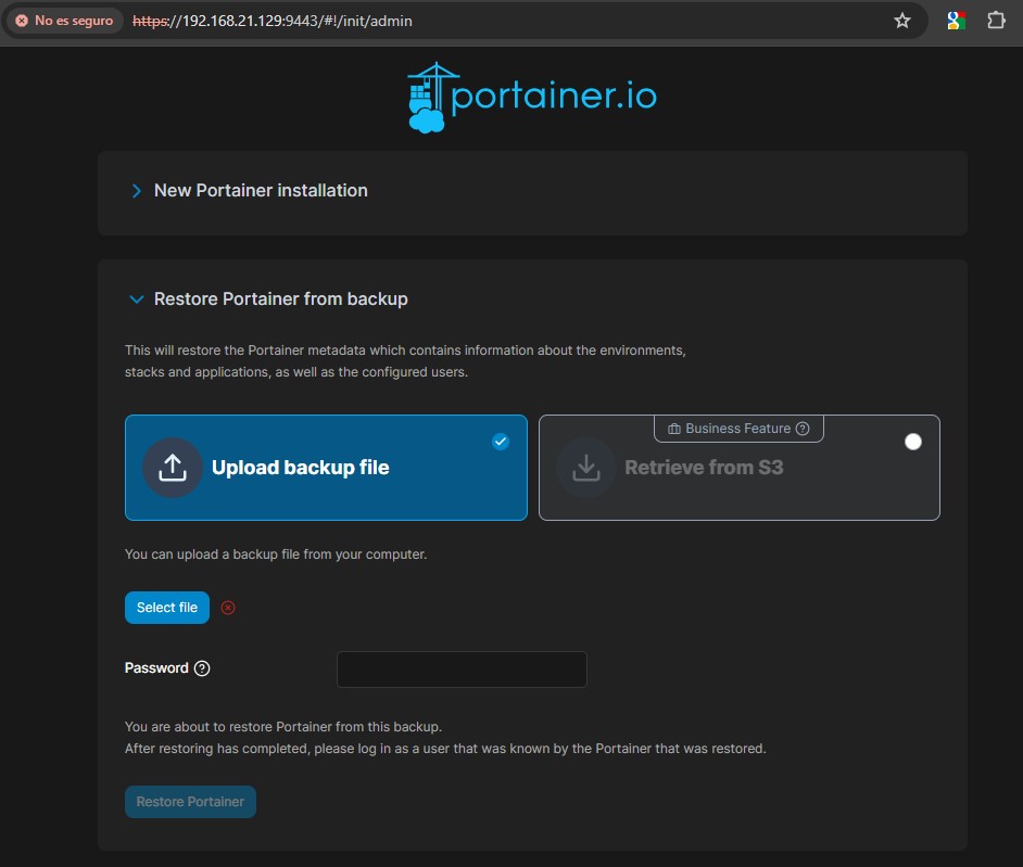 restaurar backup de portainer en docker